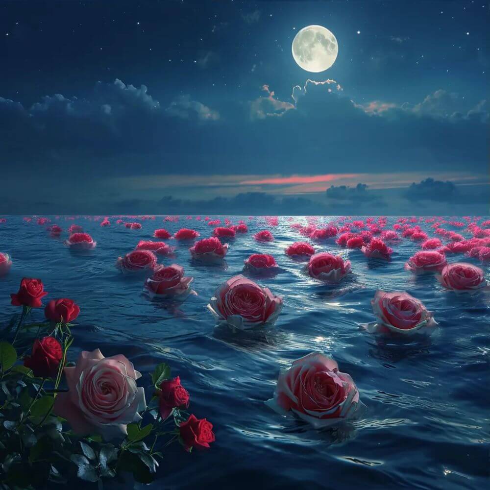 Midjourney, rose, sea, moon